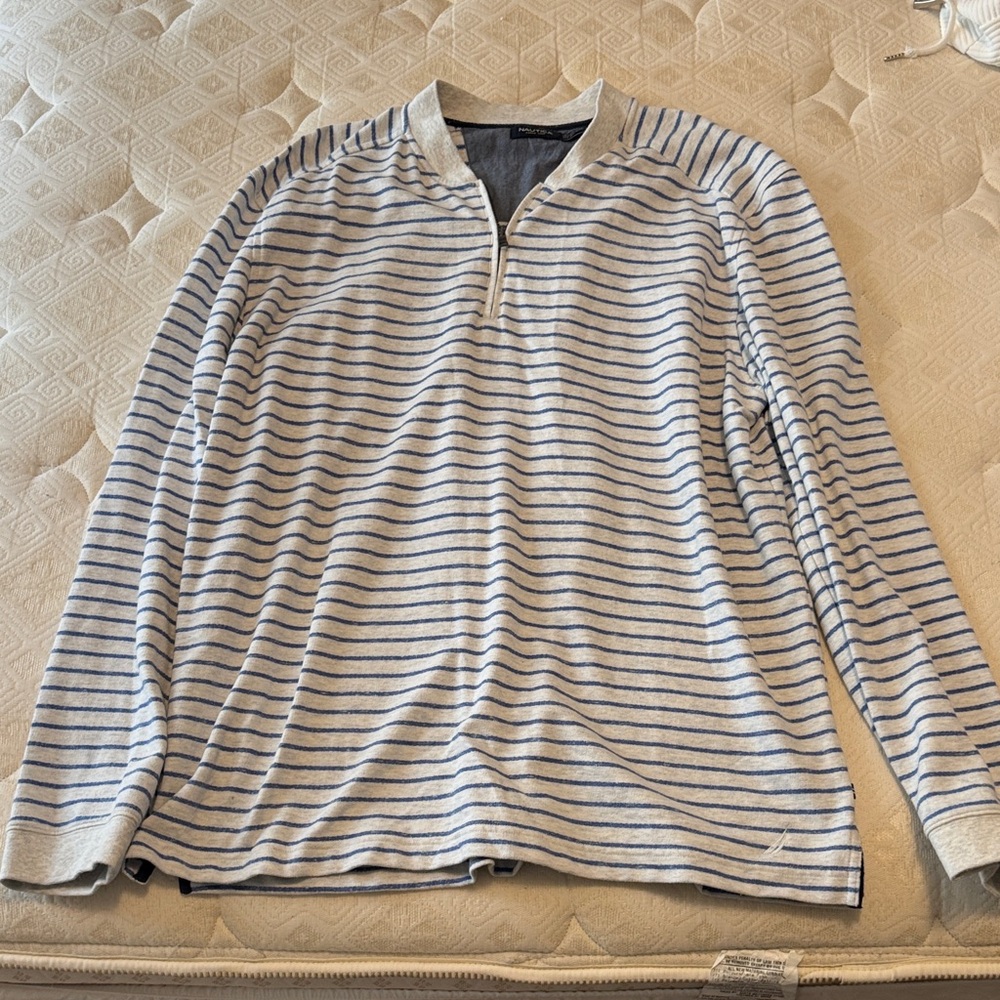 Nautica Men's Zip Up Sweater in Gray and Navy Stripes